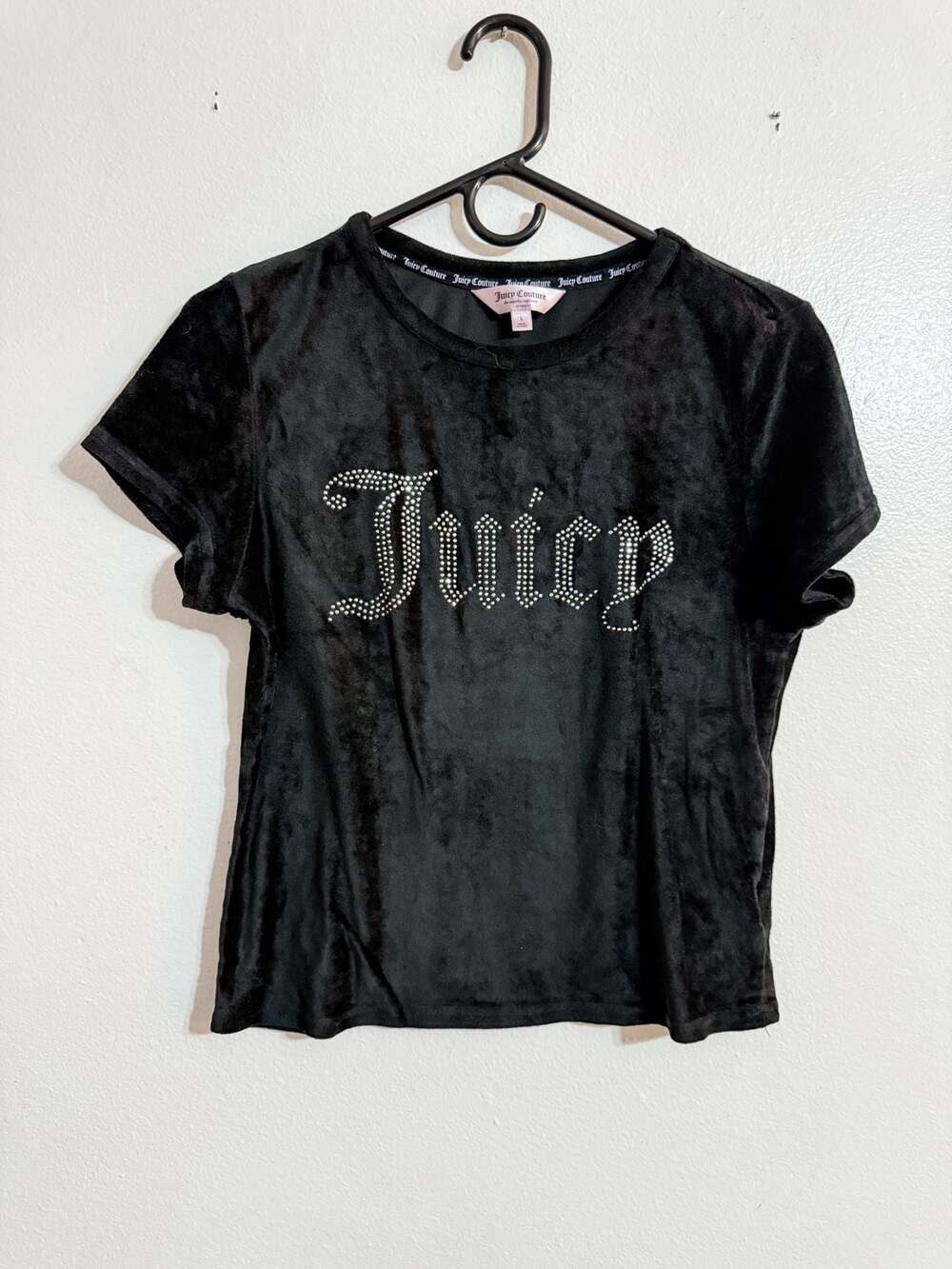 Juicy Couture Black Velour Rhinestone Logo Short Sleeve T-Shirt medium large